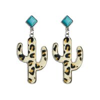 1 Pair Retro Cactus Leopard Pu Leather Alloy Inlay Turquoise Women's Drop Earrings main image 6
