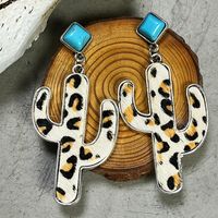1 Pair Retro Cactus Leopard Pu Leather Alloy Inlay Turquoise Women's Drop Earrings sku image 3