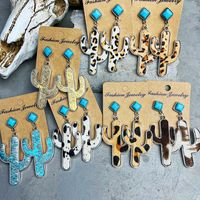 1 Pair Retro Cactus Leopard Pu Leather Alloy Inlay Turquoise Women's Drop Earrings main image 1