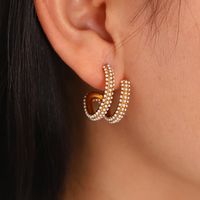1 Pair Simple Style C Shape Layered Inlay Stainless Steel Pearl Zircon Gold Plated Ear Studs main image 4