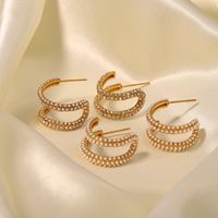1 Pair Simple Style C Shape Layered Inlay Stainless Steel Pearl Zircon Gold Plated Ear Studs main image 3