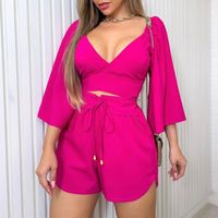European And American Women's Clothing 2023 Spring New V-neck Backless Bell Sleeve Shirt High Waist Shorts Fashion Casual Set main image 2