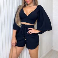 European And American Women's Clothing 2023 Spring New V-neck Backless Bell Sleeve Shirt High Waist Shorts Fashion Casual Set main image 5