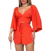 European And American Women's Clothing 2023 Spring New V-neck Backless Bell Sleeve Shirt High Waist Shorts Fashion Casual Set main image 6