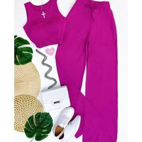 Women's Fashion Solid Color Polyester Fake Drawstring Pocket Pants Sets main image 4