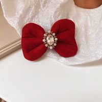 New Year's Retro Red Hairpin Christmas Headdress Diamond Pearl Fabric Bow Spring Clip sku image 2