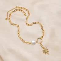Fashion Maple Leaf Stainless Steel Plating Artificial Pearls Pendant Necklace main image 5