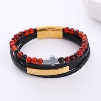 1 Piece Hip-hop Cross Stainless Steel Pu Leather Beaded Natural Stone Men's Bracelets main image 2