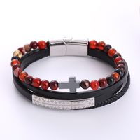 1 Piece Hip-hop Cross Stainless Steel Pu Leather Beaded Natural Stone Men's Bracelets main image 3