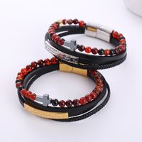 1 Piece Hip-hop Cross Stainless Steel Pu Leather Beaded Natural Stone Men's Bracelets main image 1