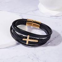 Fashion Cross Rectangle Stainless Steel Pu Leather Braid Unisex Bracelets sku image 13