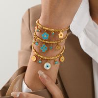 Retro Four Leaf Clover Eye Flower Stainless Steel Gold Plated Turquoise Bracelets main image 5