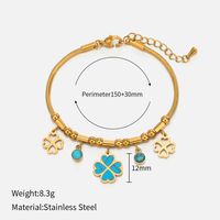 Retro Four Leaf Clover Eye Flower Stainless Steel Gold Plated Turquoise Bracelets sku image 4