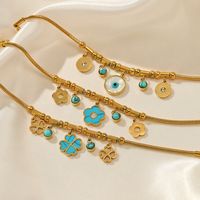 Retro Four Leaf Clover Eye Flower Stainless Steel Gold Plated Turquoise Bracelets main image 1