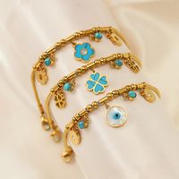 Retro Four Leaf Clover Eye Flower Stainless Steel Gold Plated Turquoise Bracelets main image 3