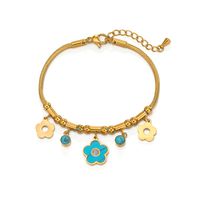 Retro Four Leaf Clover Eye Flower Stainless Steel Gold Plated Turquoise Bracelets main image 2