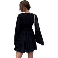 Women's A-line Skirt Elegant V Neck Pleated Long Sleeve Solid Color Short Mini Dress Daily main image 3