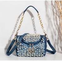 Frau Mittel Alle Jahreszeiten Denim Geometrisch Mode Strass Perle Kissenform Reißverschluss Schultertasche Handtasche sku image 1