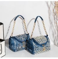 Frau Mittel Alle Jahreszeiten Denim Geometrisch Mode Strass Perle Kissenform Reißverschluss Schultertasche Handtasche main image 3