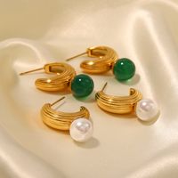 1 Pair Simple Style C Shape Plating Stainless Steel Pearl 18k Gold Plated Ear Studs main image 1