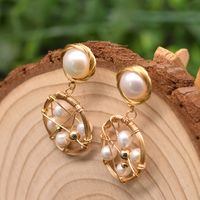 Ethnic Style Round Copper Pearl Drop Earrings 1 Pair main image 1