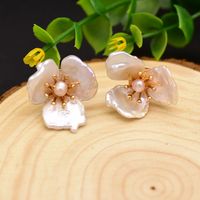 1 Pair Fashion Flower Turquoise Pearl 14K Gold Plated Earrings sku image 6