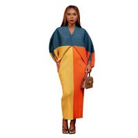 Women's Pencil Skirt Elegant V Neck Printing Nine Points Sleeve Color Block Midi Dress Daily Street sku image 17