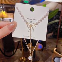 Sweet Heart Shape Butterfly Bow Knot Titanium Steel Inlay Artificial Pearls Rhinestones Pendant Necklace 1 Piece sku image 26