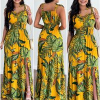 Hawaiian Leaves U Neck Sleeveless Printing Polyester Dresses Maxi Long Dress Strap Dress main image 1