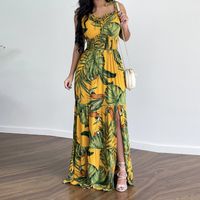 Hawaiian Leaves U Neck Sleeveless Printing Polyester Dresses Maxi Long Dress Strap Dress sku image 5