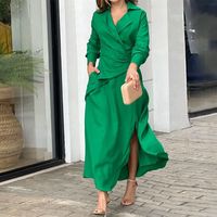 Elegant Solid Color V Neck Long Sleeve Polyester Dresses Maxi Long Dress Irregular Skirt main image 2