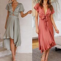 Women's Irregular Skirt Sexy V Neck Patchwork Hollow Out Short Sleeve Solid Color Midi Dress Daily main image 1