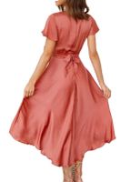 Women's Irregular Skirt Sexy V Neck Patchwork Hollow Out Short Sleeve Solid Color Midi Dress Daily main image 3