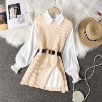 Wholesale Solid Color Knitted Long Sleeve Shirt Skirt Two-piece Suit Nihaojewelry sku image 3
