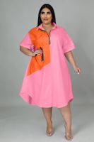 Frau Normales Kleid Lässig V-ausschnitt Reißverschluss Patchwork Kontrastbindung Kurzarm Farbblock Maxi Langes Kleid Täglich sku image 7