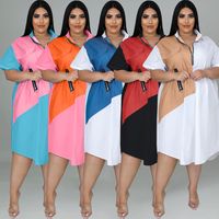 Women's Regular Dress Casual V Neck Zipper Patchwork Contrast Binding Short Sleeve Color Block Maxi Long Dress Daily main image 3