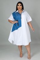 Frau Normales Kleid Lässig V-ausschnitt Reißverschluss Patchwork Kontrastbindung Kurzarm Farbblock Maxi Langes Kleid Täglich sku image 11