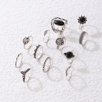 Fashion Retro Black Gemstone Water Drop Diamond Geometric Hollow Lotus Set Ring 11 Piece Set sku image 4