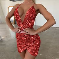 Femmes Jupe Irrégulière Sexy V Profond Paillettes Couleur Unie Mini-robe Courte Banquet sku image 3