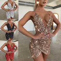 Femmes Jupe Irrégulière Sexy V Profond Paillettes Couleur Unie Mini-robe Courte Banquet main image 1