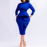 Women's Pencil Skirt Elegant Round Neck Ruffles Long Sleeve Solid Color Knee-length Daily main image 2