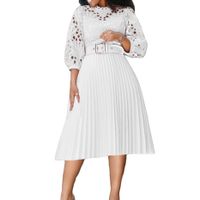 Women's Pleated Skirt Elegant Round Neck Patchwork Lace 3/4 Length Sleeve Solid Color Midi Dress Daily main image 4