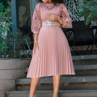 Women's Pleated Skirt Elegant Round Neck Patchwork Lace 3/4 Length Sleeve Solid Color Midi Dress Daily main image 1
