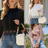 Women's Eyelet Top Long Sleeve Blouses Patchwork Lace Casual Flower main image 1