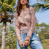 Women's Eyelet Top Long Sleeve Blouses Patchwork Lace Casual Flower main image 5