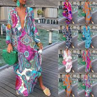 Women's Irregular Skirt Tropical V Neck Printing Contrast Binding Long Sleeve Color Block Maxi Long Dress Daily main image 1