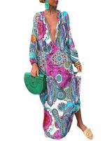 Women's Irregular Skirt Tropical V Neck Printing Contrast Binding Long Sleeve Color Block Maxi Long Dress Daily main image 3