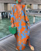 Women's Irregular Skirt Tropical V Neck Printing Contrast Binding Long Sleeve Color Block Maxi Long Dress Daily main image 4