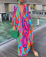 Women's Irregular Skirt Tropical V Neck Printing Contrast Binding Long Sleeve Color Block Maxi Long Dress Daily main image 5