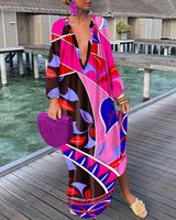 Women's Irregular Skirt Tropical V Neck Printing Contrast Binding Long Sleeve Color Block Maxi Long Dress Daily main image 6